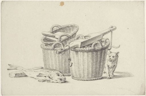 Still life with fish baskets with yoke and a cat