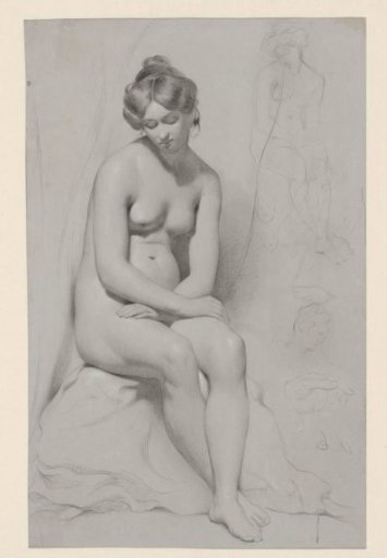 Seated nude female model with high coiffure, sketched again beside