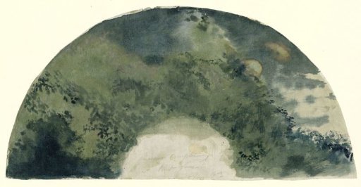 Fan leaf painted in Japanese style with a landscape at moonrise