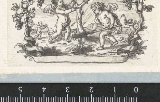 Vignette with two putti planting a tree