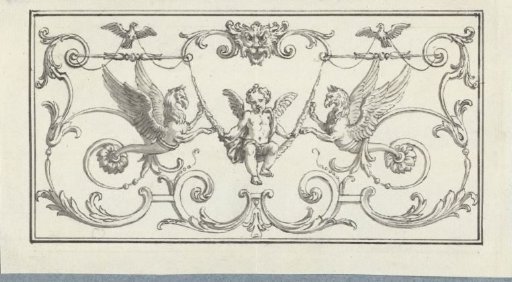 Panel filling with swinging putto between hybrid animals