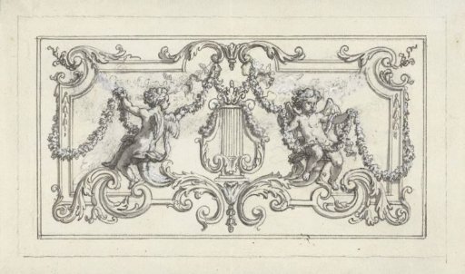 Panel filling with putti with garlands on either side of a lyre