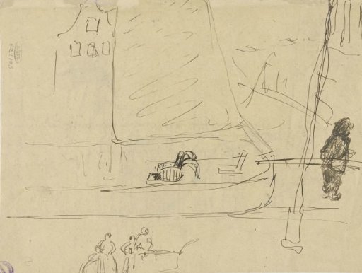 Sketches in Amsterdam (?), some figures, a canal house and a barge