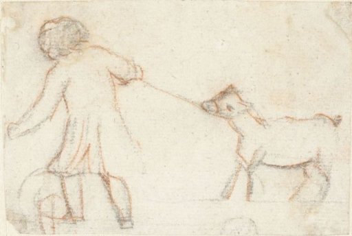 Child with a goat on a rope