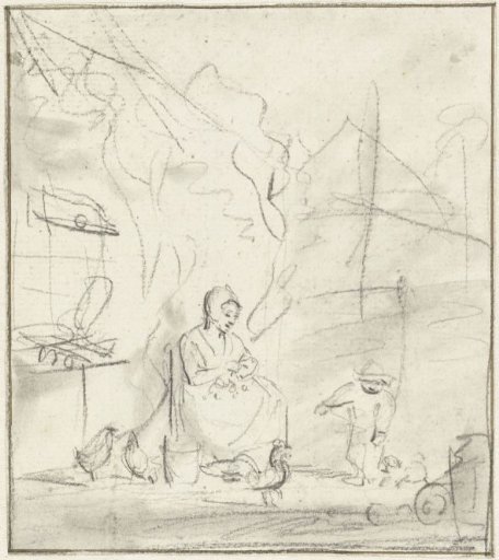 Seated peasant woman with child and chickens in front of the house