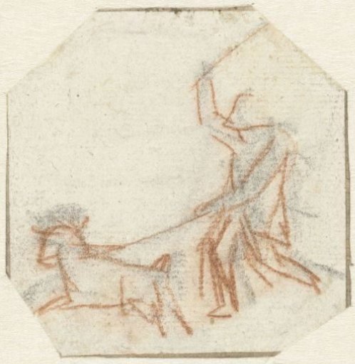 Man driving a goat on a rope