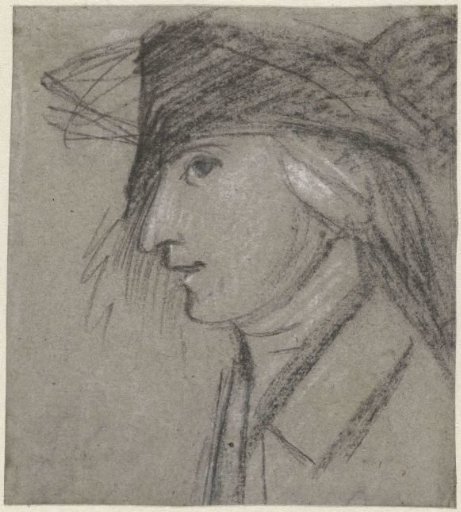 Bust of a man with a cap on, in profile to the left