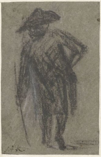 Caricature of a man with a curved back, seen from behind