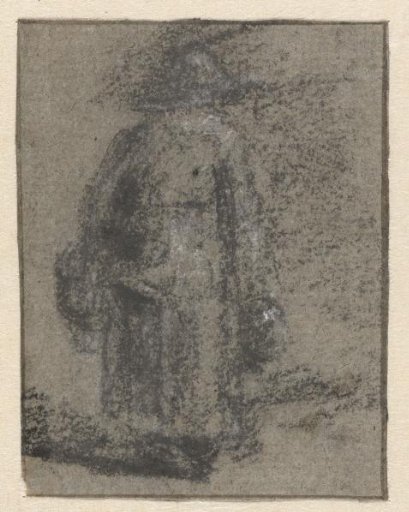 Standing woman with jug and basket, seen from the back