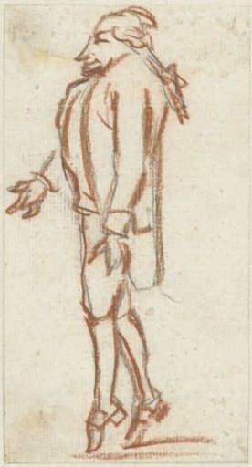 Caricature of a standing man, to the left, seen from the side