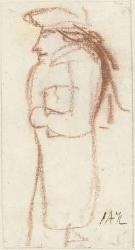 Caricature of a standing man, to the left, seen from the side