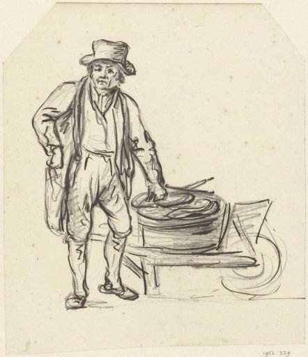Fisherman by his basket, on a wheelbarrow