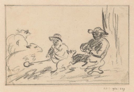 Two sitting shepherds with sheep and a dog