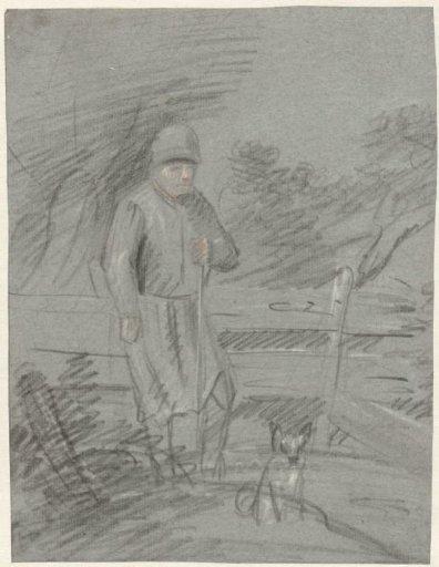 Standing Shepherd with His Dog, by a Fence