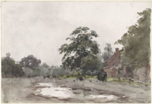 Farmhouse under tall trees with water in the foreground