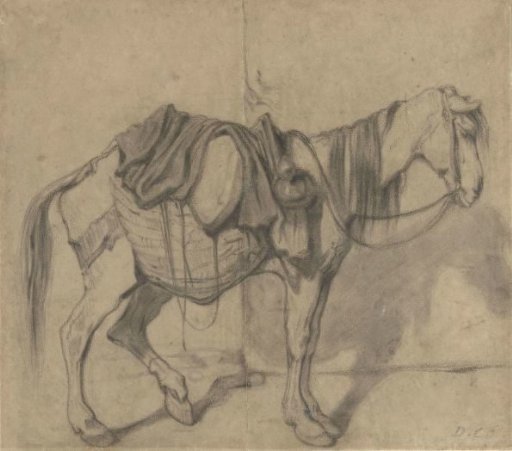 Standing pack horse with panniers and a jug