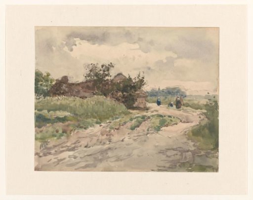 Country road with a few figures, leading to a farmhouse