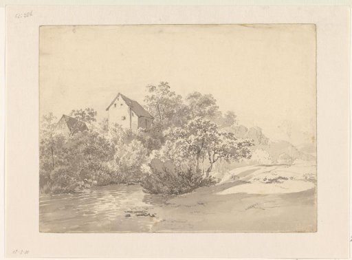 High houses in the wood, above a stream