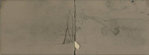 Trees by the water and a figure with an outstretched arm
