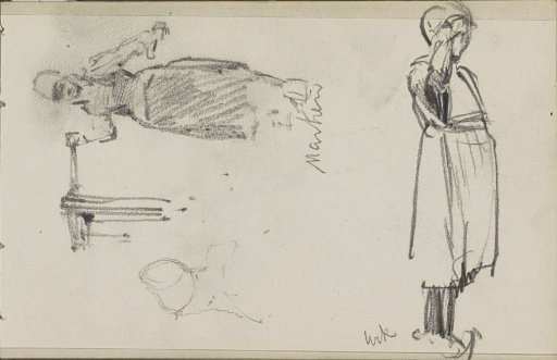 Marker woman at a pump and a girl in Urk traditional dress