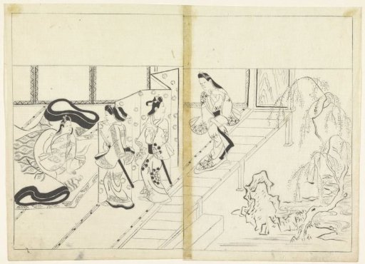 Visit of two samurai to a lady, a garden on the right