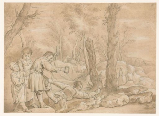 Group of blind men in a landscape