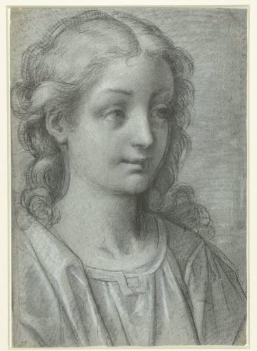 Head of a young girl with curly hair and a halo of rays