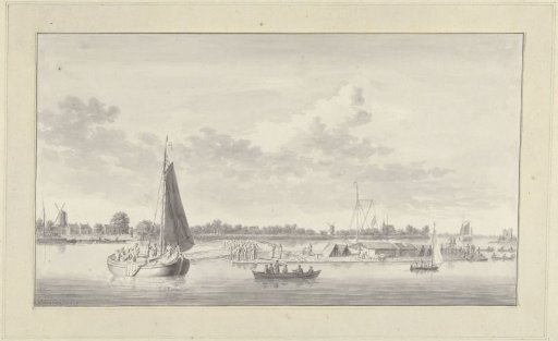 Large raft and various ships on the Merwede near the house de Merwe at Dordrecht