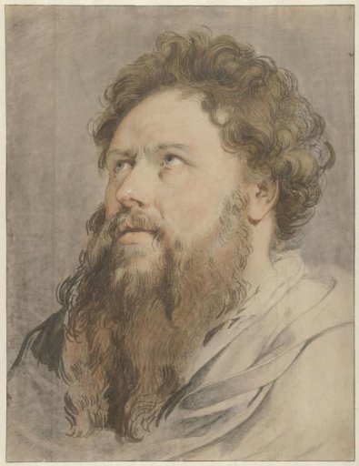 Head of a bearded man, eyes gazing sideways upwards