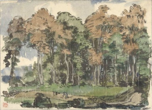 Road at the edge of a wood, with peasants at work