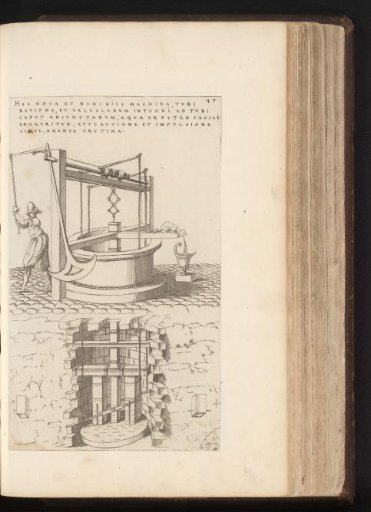 Water well with hoses for pumping water, operated by a man