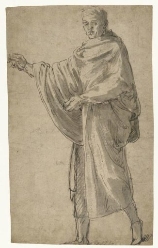 Standing Man in a Toga, Facing Left with Raised Right Arm