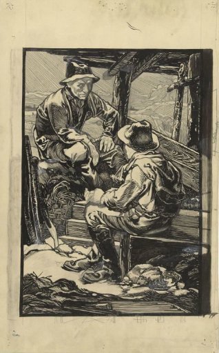Two dyke workers in a wooden hut