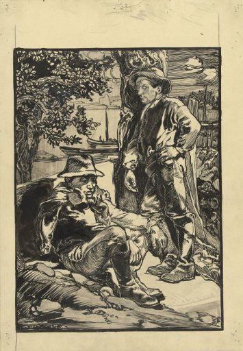 Two dyke workers, one seated, the other leaning against a tree