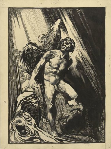 Lucifer in a rocky landscape by a stream, looking up at the light