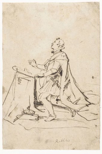 Founder in armor kneeling behind a prayer bench