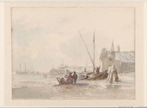 Beach view with fishermen by a boat in the foreground