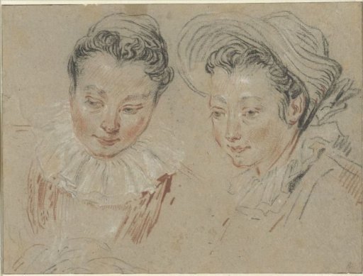 Study sheet with two girls' heads, the right one with a straw hat