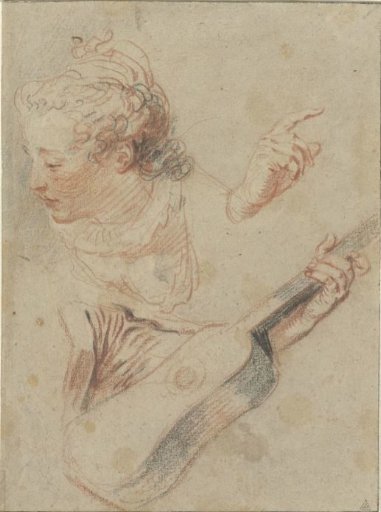 Study sheet with a girl's head, a hand and an arm holding a guitar