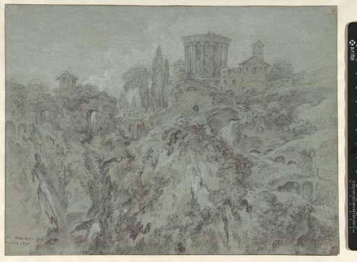 Gezicht op de watervallen bij Tivoli met de tempel van de Sybille