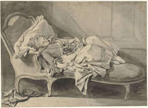 Madame Greuze on a chaise-longue with her little dog