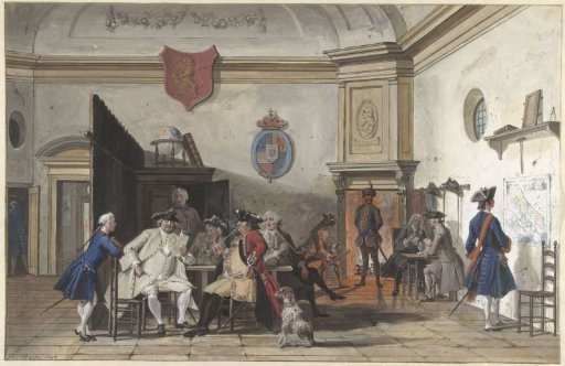 Waiting room with reading, smoking and card-playing officers
