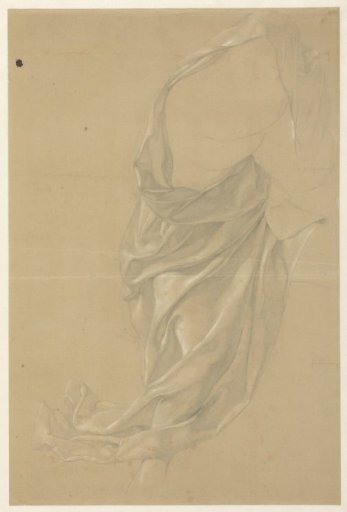 Drapery study of a figure striding to the right, the cloak draped over the head
