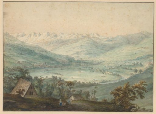 Valley of a river with villages and mountains