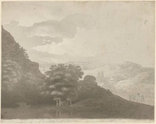 Landscape with wooded hills and travelling figures