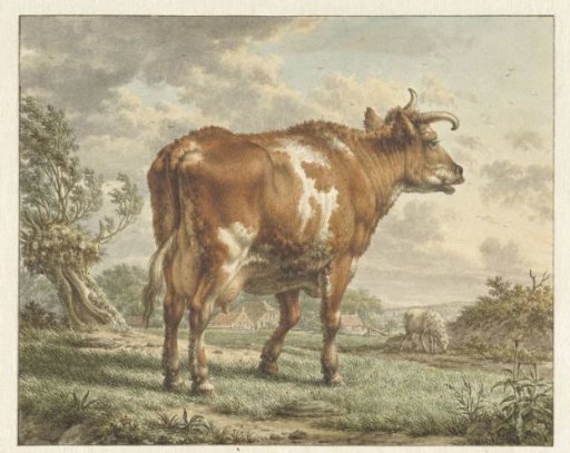 Red-and-white cow in a landscape