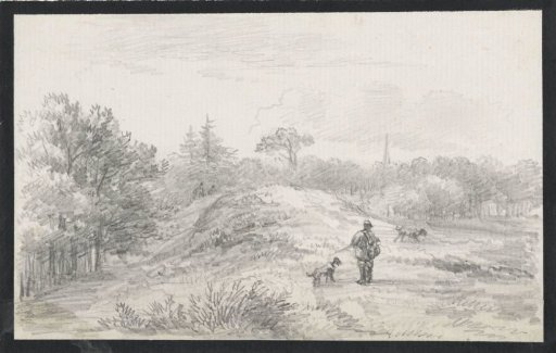 Landscape with hunter and dogs, in hilly terrain