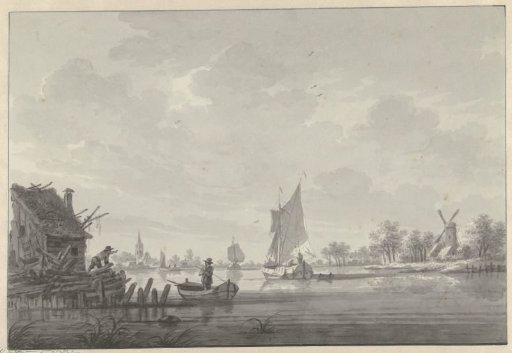 The village of Zijp on the Lek, with sailing ships on the river