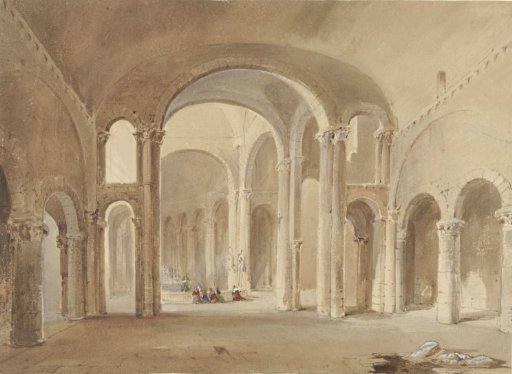 Interior of St. Hilaire in Poitiers, with kneeling figures at the Confessio