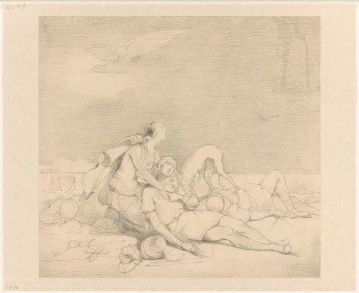 Scene from a medieval story: lamentation of a man by his beloved on the battlefield
